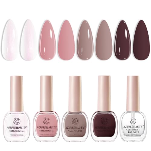Image of AZUREBEAUTY Nail Polish Set 4 Colors Brown Pink Glitter Nail Polish Quick Dry Natural Nail Lacquer Fingernail Kit with Top Coat DIY Salon Home