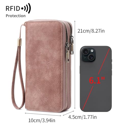Image of Women Leather Wallet Crossbody Shoulder Bag with Double Zipper and Mobile Phone Purse with Shoulder Strap