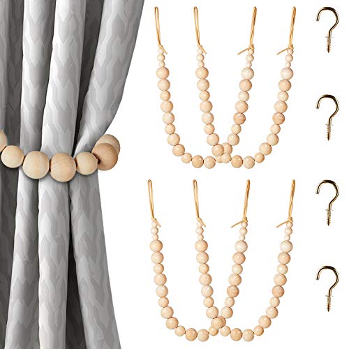 Wood Bead Curtain Tieback Bead Curtain Rope Tie Farmhouse Beaded Curtain Holder Boho Curtain Tie Holdback Decorative Curtain Drape Tie with Hooks for Home Wall (Wood Color,4 Sets)