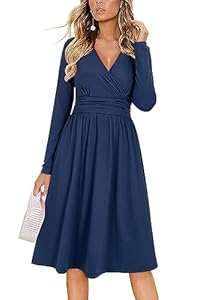 OUGES Herbst Kleider Damen Marine V-Ausschnitt Langarm Elegante Kleider Damen Midi Kleid Mit Taschen, S