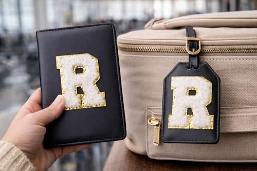 Image of Passport Cover & Bag Tag Combo | Personalized Initial Alphabet Custom A-Z Name Initial | Fits Standard Passports | Travel GiftIdeal Travel Gift for Women, Girls & Couples (Black)