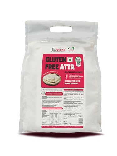 Image of Jus' Amazin Certified Gluten Free Atta (4kg) | Makes Fluffy & Soft Chapatis | Multigrain (Millets, Quinoa, Amaranth) | Certified Gluten Free (Lab Tested) | Multipurpose (Chapati, Poori, Paratha, Baking)