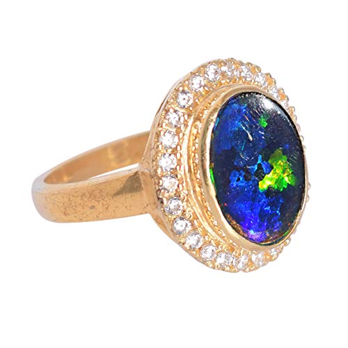 Bague cocktail opale noire et argent sterling 925 plaqué or de haute joaillerie