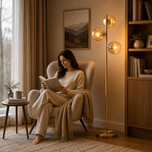 Image of BOKT Modern Brushed Brass Floor Lamp Corner 3-Light Standing Lamp with Amber Glass Globe Shade Adjustable Height Office Tall Standing Light Vintage for Living Room Bedroom Home Decor