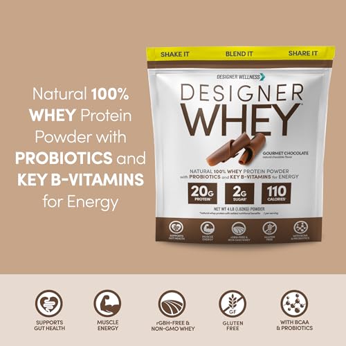 Image of Designer Wellness, Designer Whey, Natural Whey Protein Powder with Probiotics, Fiber, and Key B-Vitamins for Energy, Gluten-Free, Gourmet Chocolate 4 lb