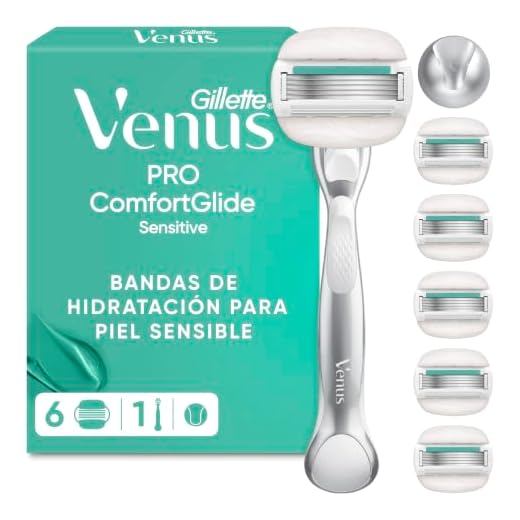 Venus Gillette Comfortglide 5 Sensitive Maquinilla de Depilación Para Mujer, 1 Mango de Metal y 6 Cuchillas de Recambio, Depilación Suave, Bandas Lubricantes con Aloe