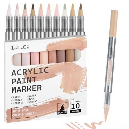 LIULIUCAI 10 Pcs Skin Tone Acrylic Paint Markers Brush Tip Acrylic Paint Pens for Portrait Hair Water-Based Skin Markers for Rock Wood Canvas Glass Stone Fabric Egg DIY Crafts No Bleeding