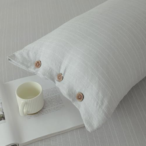 Image of Story@Home Linen King Size Bedsheet Cotton Textured Flat Sheet with 2 Pillow Covers Super Soft Bed Sheet for King Size Bed | 300 TC Striped Pattern | 250 x 270 cm | Light Grey