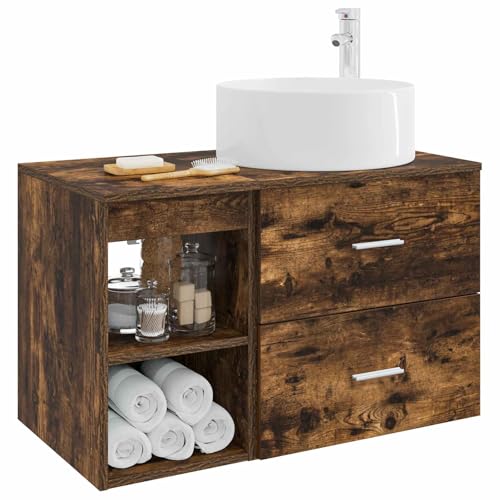 Muebles de baño de roble ahumado con tocador y armario auxiliar de 2 piezas 4