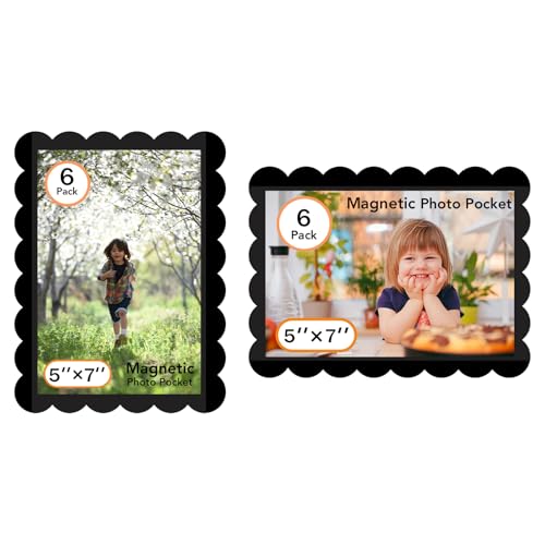 Mingting Magnetic Picture Frame, 6 Pack Magnetic Frame Reusable, Magnetic Photo Frames for Refrigerator 5x7” With Wavy Border, Refrigerator Magnets for Pictures Suitable Home, School, Office (5x7-Black)
