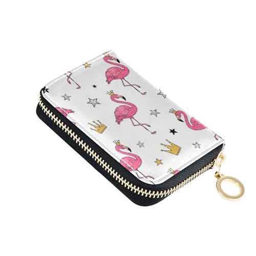 Leather Wallet Women RFID Blocking Credit Card Holders Small Zipper Card and Cash Holder Watercolor Pink Flamingos White