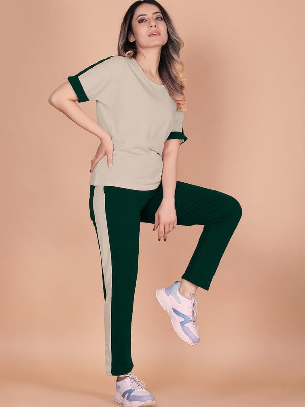 Image of DTR FASHION Polyester Blend Shoulder Stripes Tracksuit | Night Wear Suit For Women