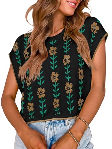 Image of Saodimallsu Womens Cap Sleeve Crop Tops Summer Color Block Going Out Crew Neck Knit Trendy Casual Sweater