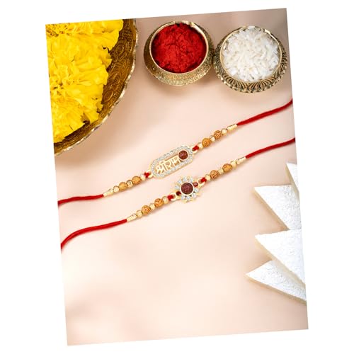 Image of Peora Om Shree Ram Swastik Rakhi for Brother Bhaiya | Crystal & Beads Studded | Red Thread | Raksha Bandhan Hamper with Roli Chawal Greeting Card