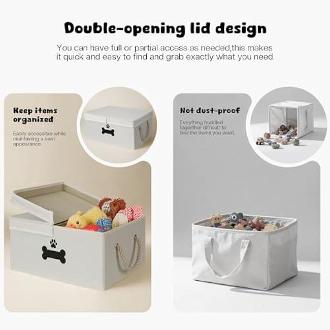 Dog Toy Basket with Double-Open Lid, Divided Dog Basket for Toys, Collapsible Pet Toy Box, Dog Storage Organizer with 2 Divided Area, Puppy Toy Baskets with Rope Handles, Beige