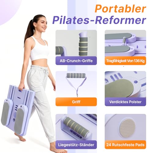 Pilates Board Für Zuhause, Faltbares Multifunktionales Reformer Board, Extra Stabile Konstruktion Mit Automatischem Rückprall, Bauchtrainer & Widerstandsbändern, Ganzkörpertraining