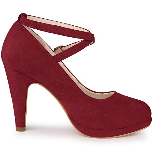 Allegra K Women's Platform Cross Strap Stiletto Burgundy Heels Mary Jane Pumps 8 M Us #TOP5