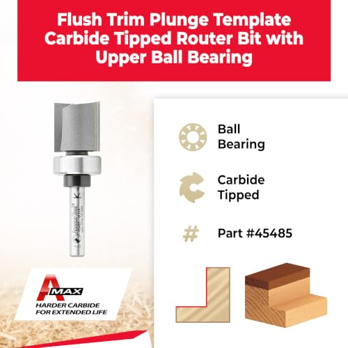 Image of Amana Tool 45485 Carbide Tipped Flush Trim Plunge Template 3 /4 D x 3 /4 CH x 1 /4 Inch SHK w / Upper Ball Bearing Router Bit
