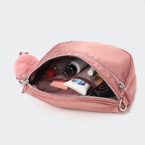Image of Pander Crossbody Bum Bag for Women, Everyday Nylon Shoulder Bag with Pompom Keychain Wristlet Bag Charm, Adjustable Strap
