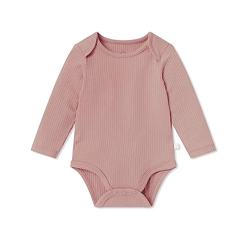 MORI Baby Boys and Girls Ribbed Long Sleeve Bodysuit - Breathable Cotton and Bamboo Unisex Toddler One Piece Romper with Envelope Neckline, Ribbed Rose, 6-9 Months