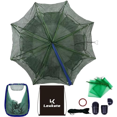 Leukate Collapsible Fishing Bait Minnow Trap - Durable Fish Trap Net for Minnow Crab Crayfish Shrimp Fish Trap Net - Designed for Minnows and Beyond (Blue 8-Hole-1Pic)