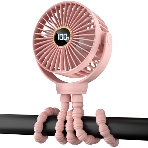 Image of Portable Stroller Mini Fan, Small Rechargeable Personal Fan, Travel Essentials for Baby, Wagon, Car Seat, Treadmill, Battery Powered Biking Gear Accessories, 360° Rotation, 3-Speed, Display, Pink