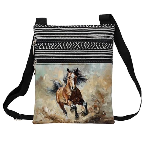 Brown War Horse Messenger Bag Small Ethnic Pattern Printed Adjustable Strap Crossbody Zipper Bag Brown War Horse Phone Bag Wallet Cute Shoulder Handbag for Women Friends