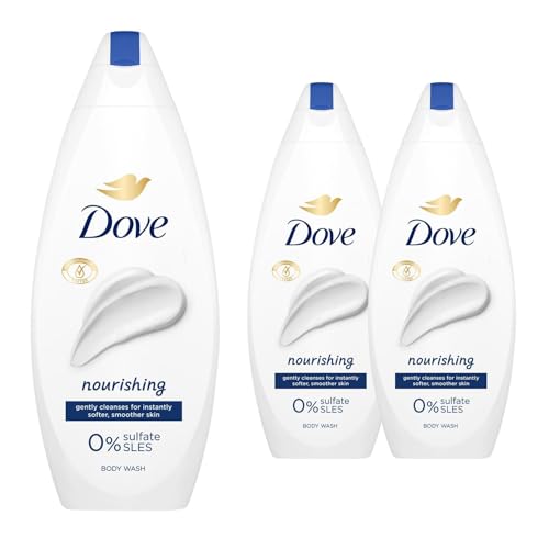 Dove Body Wash 0% Sulfate SLES for Women Made with Naturally Derived Cleansers and Plant Based Moisturiseres Gently Cleanses for Softer and Smoother Skin 225ml (3 Pack Nourishing)