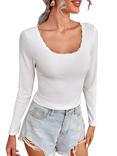 SheIn Women s Long Sleeve Scoop Neck Lace Trim Rib Knit Slim Fit Crop Tee Tops White M