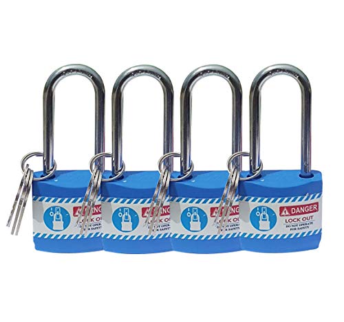 Lockout Tagout Long Shackle Jacket Padlock with 3 Keys - Set of 4 Blue