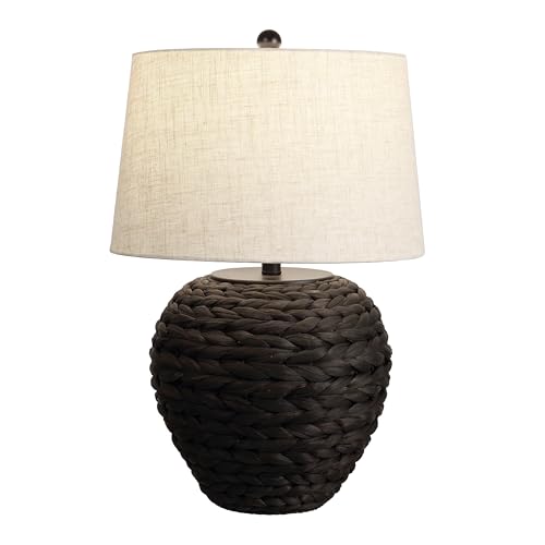 JONATHAN Y 24.5" Black Water Hyacinth Farmhouse Basket Table Lamp, Coastal Decor for Living Room Bedroom Nightstand, Light Gray Linen Shade, LED Bulb Included (JYL6501D)