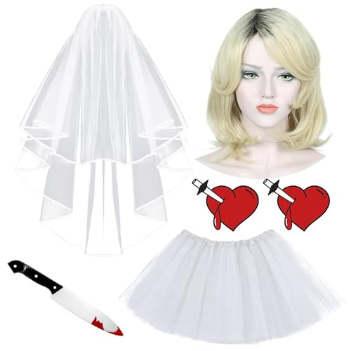 Mprocen Lot de 5 voiles blancs d'Halloween pour adulte - Accessoires de costume - Perruque - Voile autocollant - Couteau - Robes courtes pliées - Pour fête, carnaval, mariage