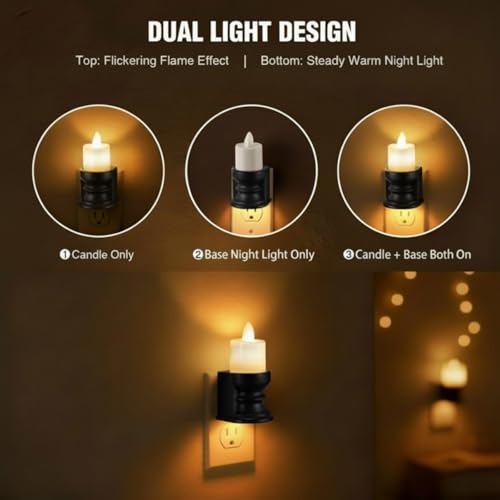 Image of Meonum Flickering Flameless Candle Night Light Plug in, Dimmable LED Nightlight with Dusk to Dawn Sensor, Decorative Candle Light for Bedroom, Hallway, Bathroom(1 Pcs,Warm Yellow & Black Base)