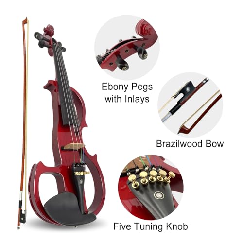 Image of Vetimobato Electric Violin 4 /4 Full Size Solid Wood Silent Violin Set for Adults Beginner Practice Electric Fiddle with Ebony Fittings Hard Case & Bow(5 String Burgundy)