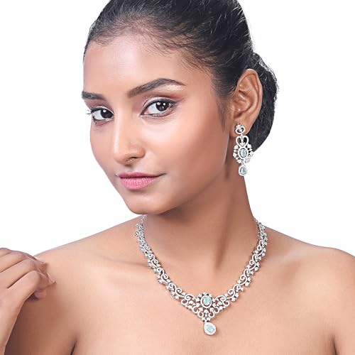 Image of ASMITTA Rhodium Plated Choker Jewellery Set for Women Girls | Silver Toned White & Baby Pink CZ American Diamond Necklace Earrings Combo | Stylish Contemporary Jewelry for Wedding Party