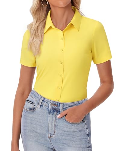 Image of siliteelon Womens Button Down Shirt Slim Fit Stretch Short Sleeve Dress Shirt Wrinkle Free Collared Business Work Blouse Top