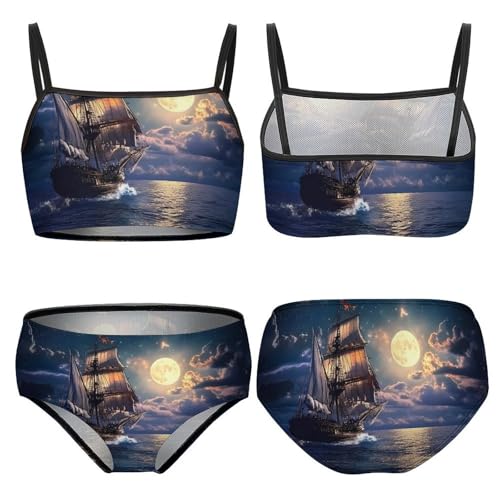 Boat Seascape and Moon in The Sky Girls Bikini Swimsuit Two Piece Bathing Suit Beach Swimwear3