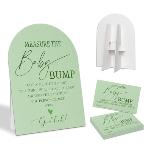 Sage Green Measure the Baby Bump Game Sign with 50 Guess Cards, Neutral Baby Shower Party Activity Set, 7 x 10 Inch Display and 2.1 x 3.5 Inch Cards for Mom to Be, New Parents, Gender Reveal - A05