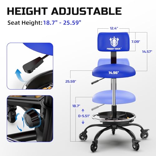 Image of Rolling Shop Stool with Wheels, Garage Mechanic Stool Chair with Backrest, Height Adjustable Heavy Duty Swivel Task Chair, Adjustable Footrest with Storage Tray for Garage Kitchen Salon Tattoo (Blue)