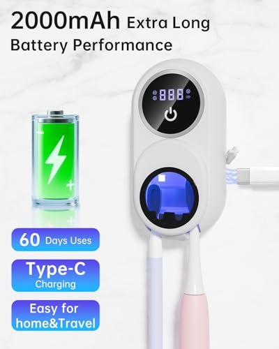 Image of Toothbrush Holder & Toothbrush Cleaner, UV Toothbrush Sanitizer and Holder 2 Slots, Cleaning and Fan & Heat Drying, LED Smart Screen, Wall Mounted Tooth Brush Holder for Bathrooms (White)