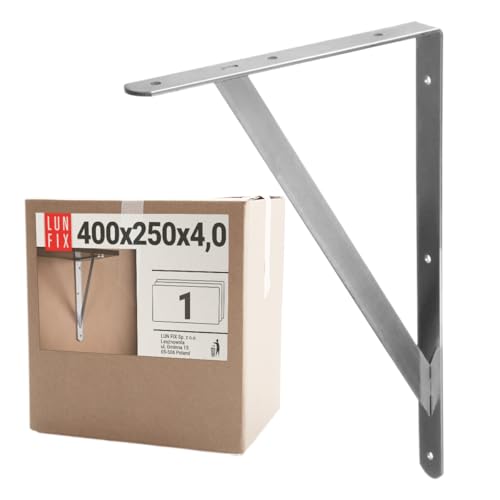 Soporte estanteria pared 90 grados, escuadra acero 400x250x4 mm, escuadras para estanterias metalicas, soporte balda plata, escuadra carga pesada metal resistente, fijacion pared, Lun Fix
