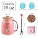 Feify Cute Cat Cup Ceramic Coffee Mug with Kawaii Cat Wooden Lid, Lovely Stainless Steel Spoon, Anime Kitty Thicken Wooden Coaster, Christmas Birthday Cute Thing Japanese Mug 16oz (Pink)