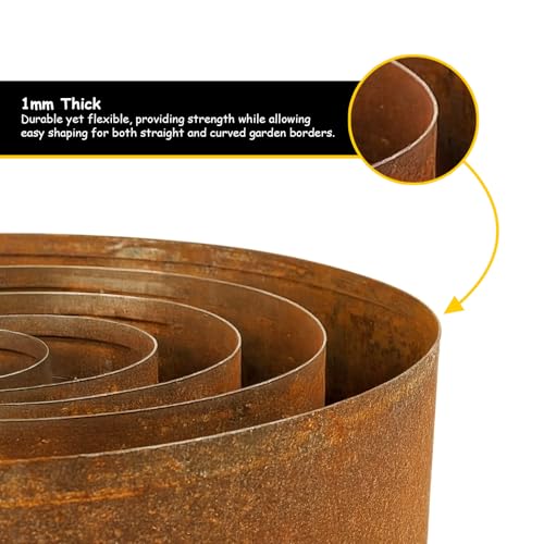 Image of Corten Steel Metal Lawn Edging 10 Metre (33ft), Roll, Pre-Rusted Metal Garden Edging 14 cm High, Easy to install Garden Edge Border, Safety Gloves Included (RUST, 10M)