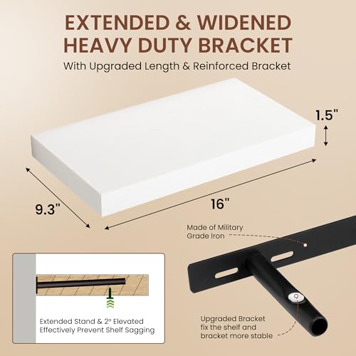 Image of Dreamland 16 Inches Floating Shelves for Wall, 9.3 inch Deep Long Floating Shelves Set of 2, Large Display & Storage Shelf, Wall Shelf for Bathroom Bedroom Living Room Kitchen Office, White