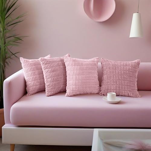 Hibate Pink Corduroy Cushion Covers 45 x 45 cm Set of 4 Boho Decorative Square Throw Pillow Covers 18x18 Inch for Home Bohemian Decor Living Room Bedroom Sofa Couch