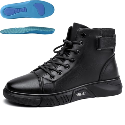 Men's Genuine Leather Orthopedic Boots,Black High-Top Casual Leather Boots,Round Toe Waterproof Non-slip Shock-absorbing Business Ankle Booties (Black(Fleece Lining), M, Adult, Men, 10.5, Numeric, US Footwear Size System, Medium)