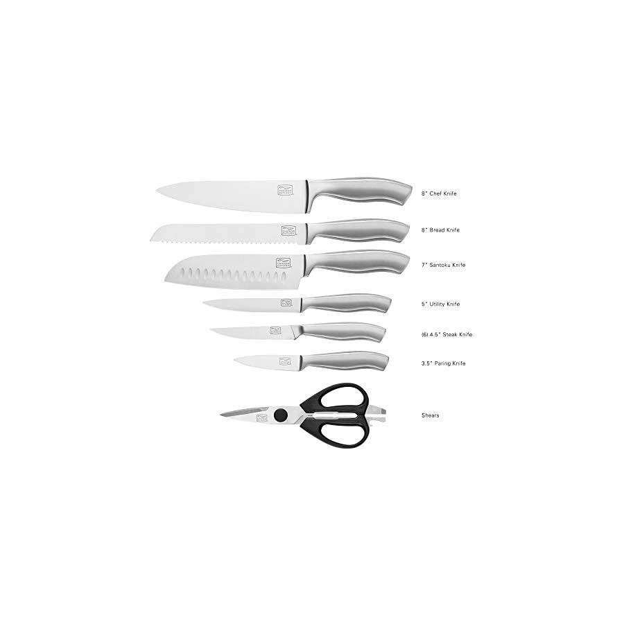 Chicago-Cutlery-Insignia-Steel-13-Piece-knife-set-with-block Chicago Cutlery Insignia (13-PC) Kitchen Knife Block Set With Wooden Block, Contoured Handles and Sharp Stainless Steel Professional Chef Knife Set & Scissors