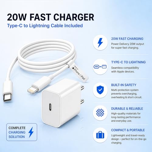 Image of AILKIN 20W Charging Adapter with USB-C to Lightning Cable, MFi Certified - Compatible with iPhone 14, 14 Plus, 14 Pro, 14 Pro Max, 13 Series, 12 Series, 11, X, XR, IPAD& More