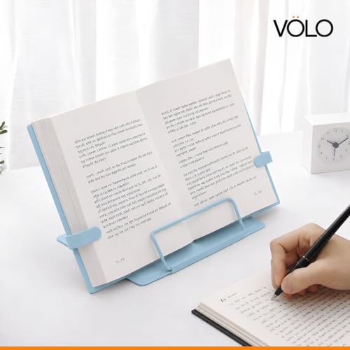 Image of Volo Portable Metal Book Stand Holder - Adjustable, Foldable Design for Desktop Use - Ideal for Cookbooks, Textbooks, Sheet Music, and More - Convenient Book Organizer (Blue)