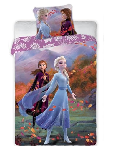 Parure de Lit La Reine des Neiges Disney, Housse de Couette Réversible avec Taie d'oreiller, 2 Pièces (140x200 cm + 63x63 cm), 1 Personne, 100% Polyester